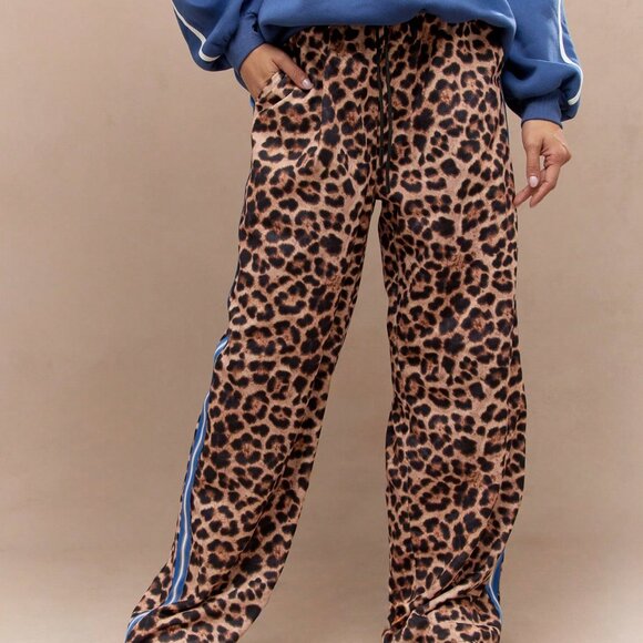 Multicolor Women's Leopard Print Side Stripe Wide Leg Pants With Drawstrings Wea - Picture 1 of 4